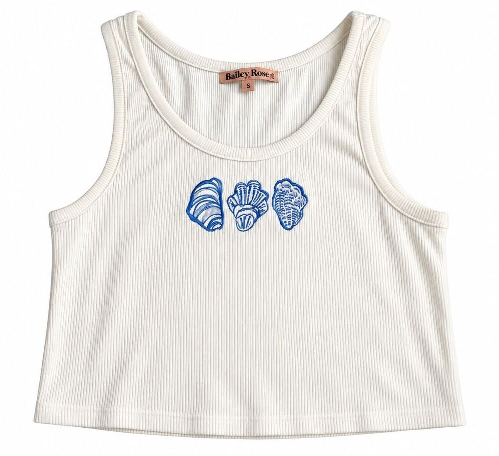 NWT Bailey Rose Oyster Seashell Embroidered Ribbed Crop Tank Top Size Small New